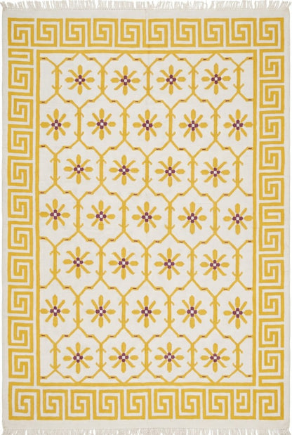 Yellow Greek Key Blossom Border Kilim Custom Size rug
