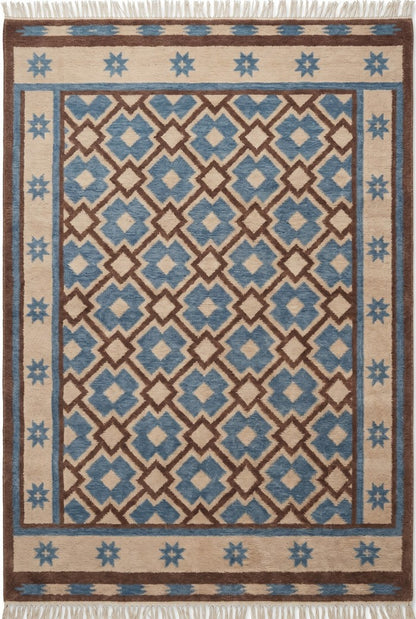 Indigo Starburst Lattice Earth Brown & Beige Cotton Wool Dhurrie