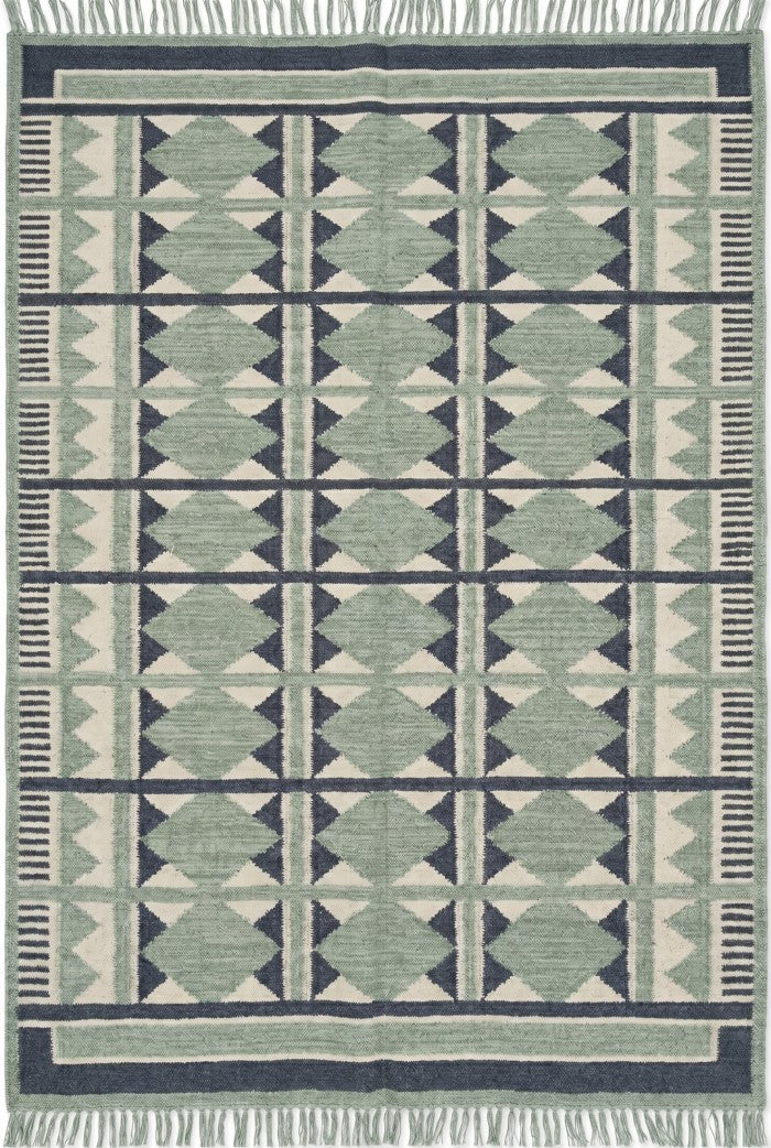 Sage Diamond Labyrinth Sage Green & Navy Wool Cotton Dhurrie Rug