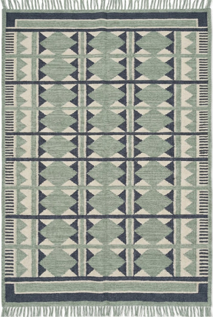 Sage Diamond Labyrinth Sage Green & Navy Wool Cotton Dhurrie Rug