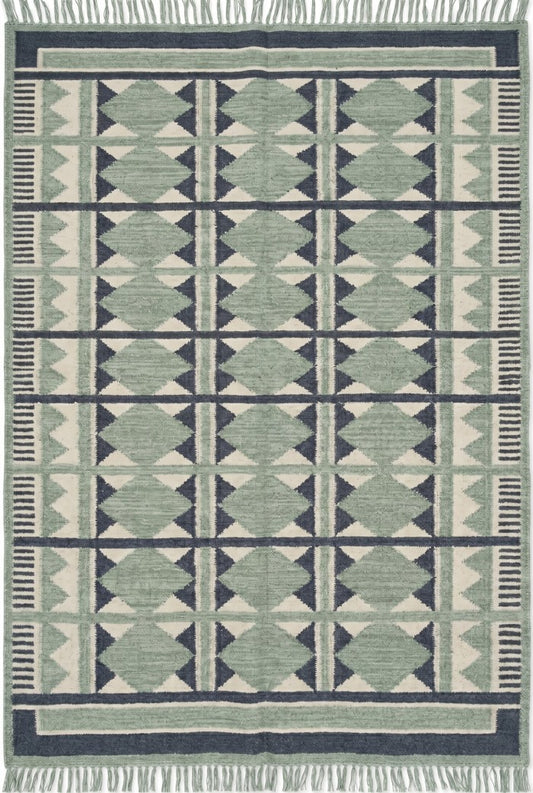 Sage Diamond Labyrinth Sage Green & Navy Wool Cotton Dhurrie Rug