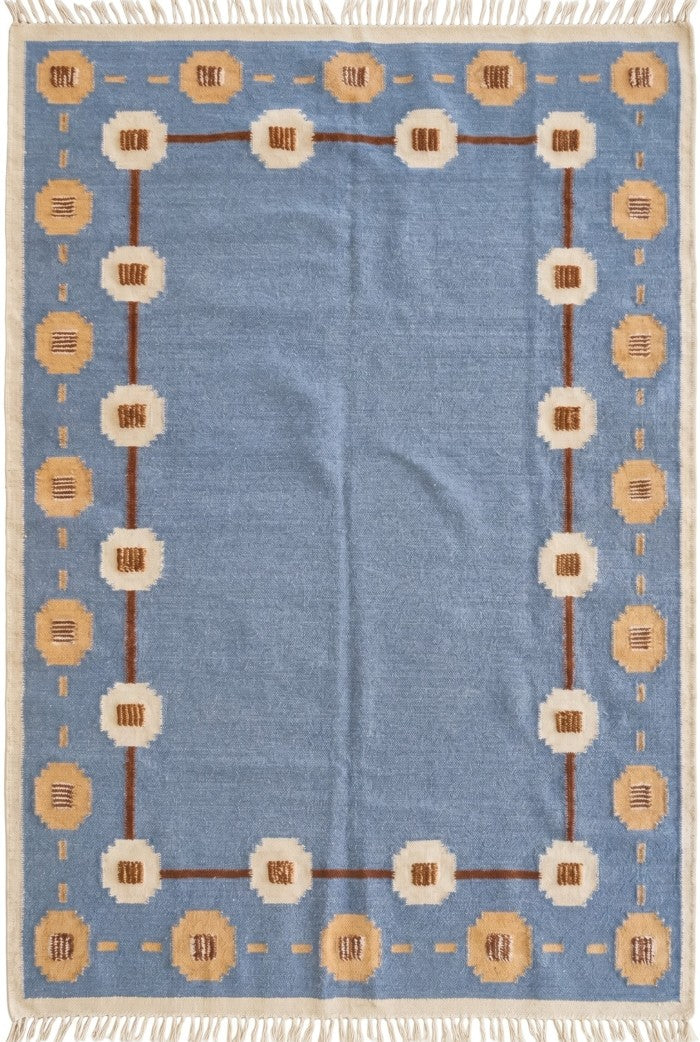 Cornflower Medallion Frame Tan Gold & Ivory Cotton Wool Dhurrie