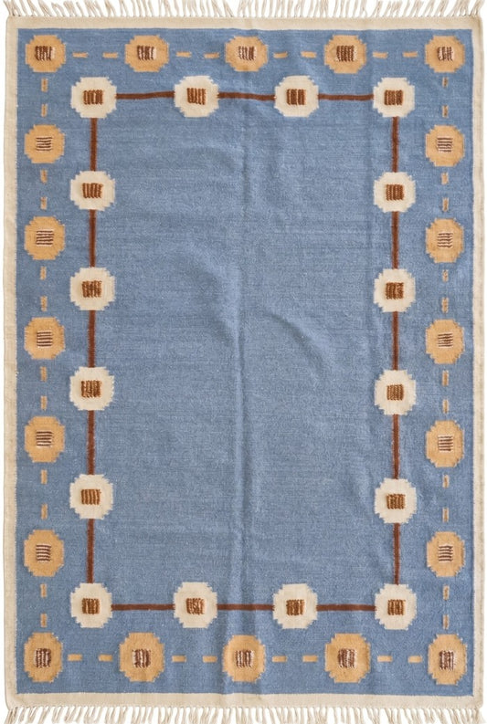 Cornflower Medallion Frame Tan Gold & Ivory Cotton Wool Dhurrie