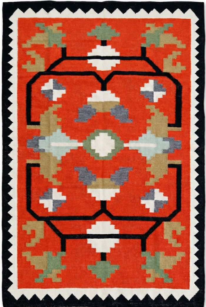 Crimson Sawtooth Heritage Traditional Red & Black Wool Cotton Dhurrie Rug