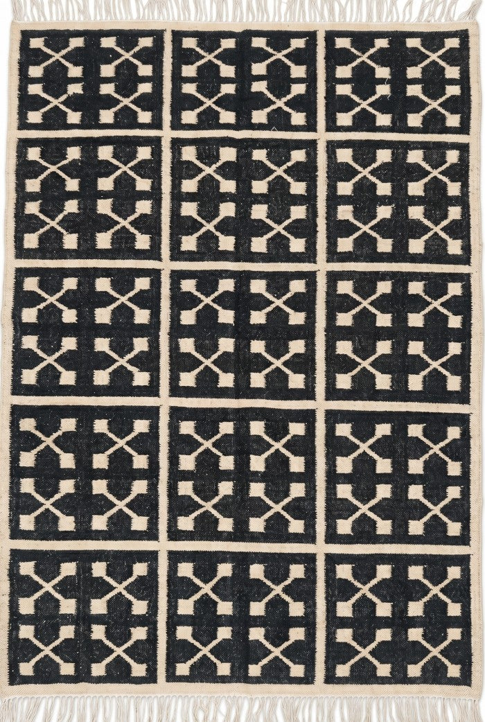 Charcoal Grid Cross Handwoven Symmetrical Paneled Rug