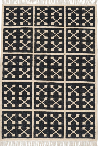 Charcoal Grid Cross Handwoven Symmetrical Paneled Rug