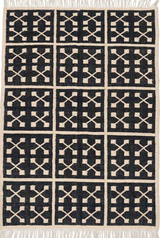Charcoal Grid Cross Handwoven Symmetrical Paneled Rug