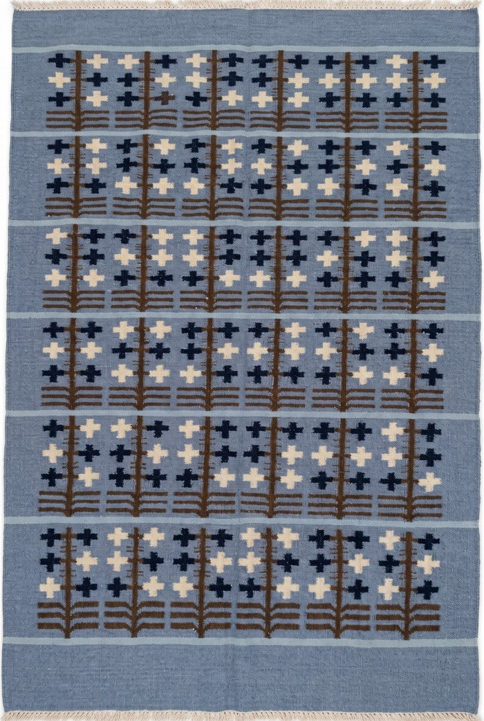 Slate Folk Tree Denim Blue Charcoal Indigo & Chestnut Cotton Wool Dhurrie