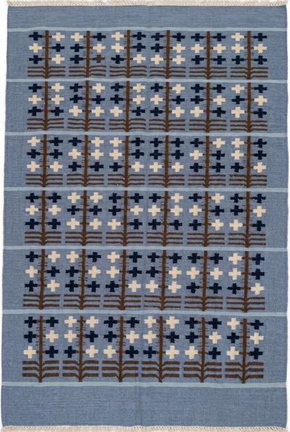 Slate Folk Tree Denim Blue Charcoal Indigo & Chestnut Cotton Wool Dhurrie