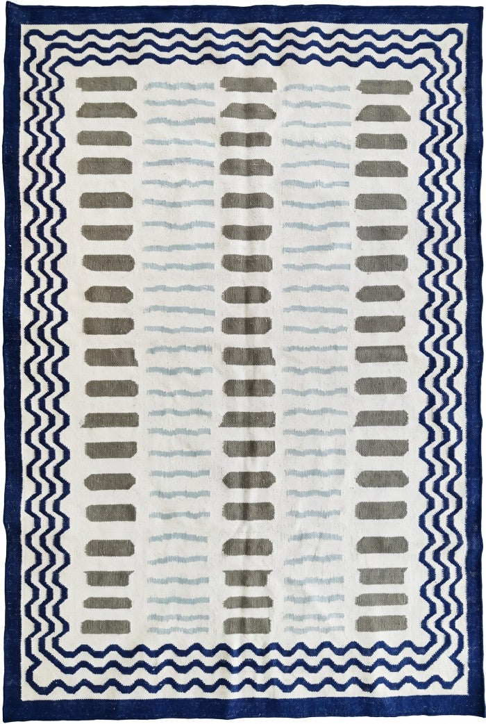 Azure Wave & Dash Abstract Rippled Wave Pattern Flatweave rug