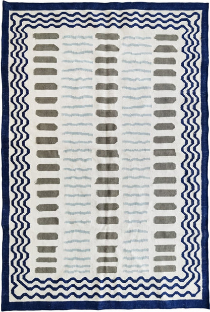 Azure Wave & Dash Abstract Rippled Wave Pattern Flatweave rug