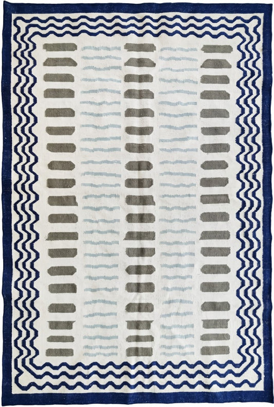 Azure Wave & Dash Abstract Rippled Wave Pattern Flatweave rug