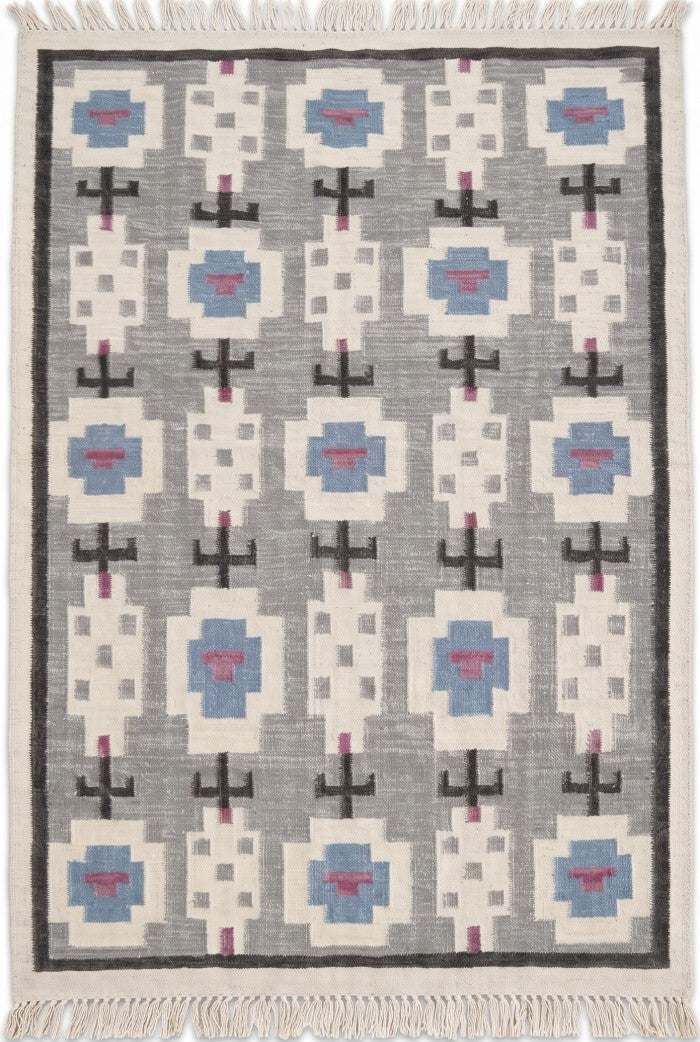 Slate Tribal Totem Geometric Stepped Medallion Flatweave Area Rug