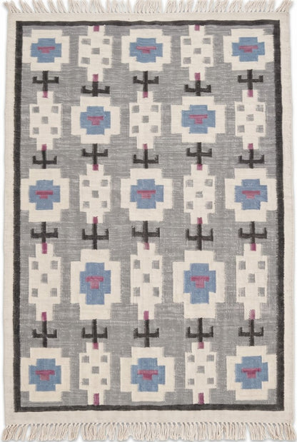 Slate Tribal Totem Geometric Stepped Medallion Flatweave Area Rug