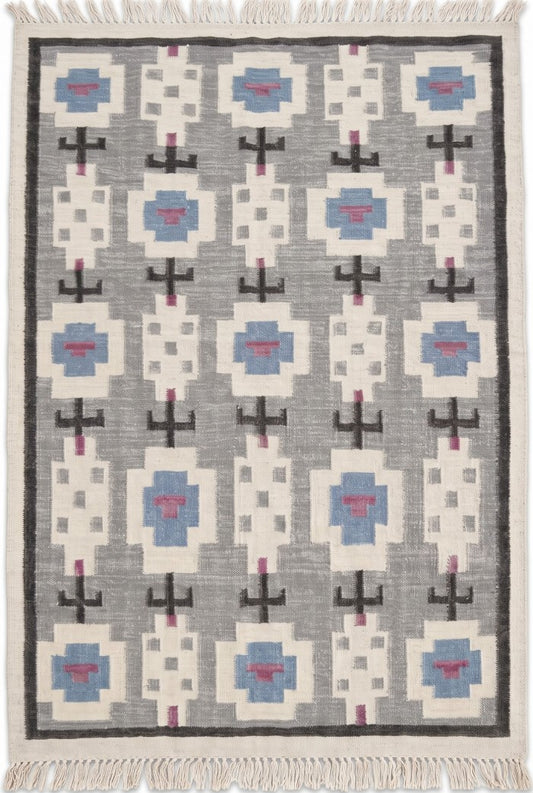 Slate Tribal Totem Geometric Stepped Medallion Flatweave Area Rug