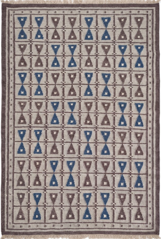 concentric Scandi-Tribal Band Grey and Brown Handwoven Wool Dhurrie