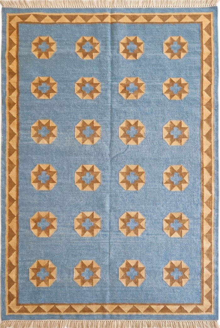 Sky Blue Starburst Medallion Handwoven Southwestern Coastal Kilim rug