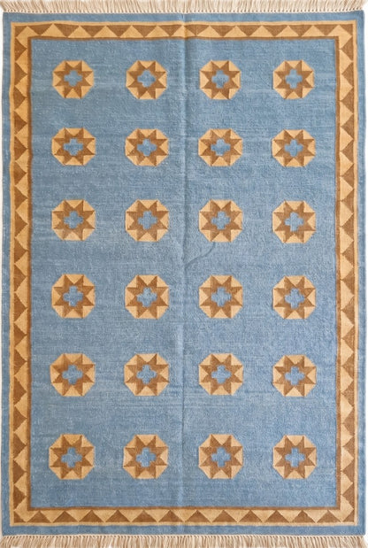 Sky Blue Starburst Medallion Handwoven Southwestern Coastal Kilim rug