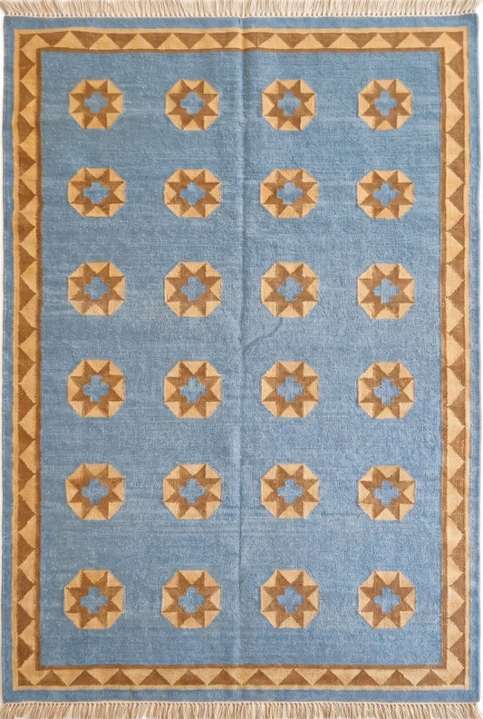Sky Blue Starburst Medallion Handwoven Southwestern Coastal Kilim rug