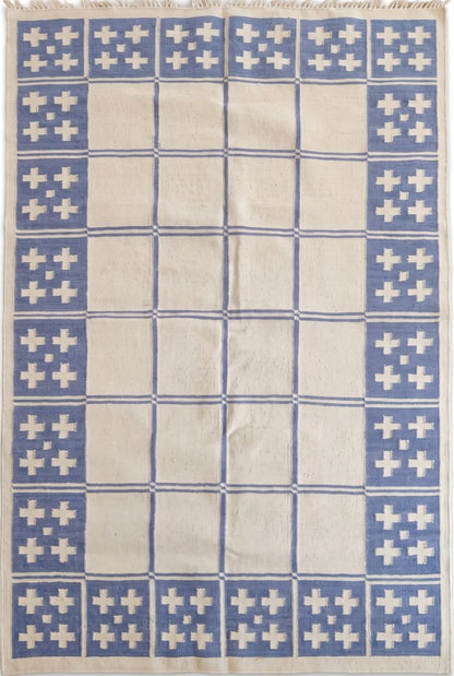 Periwinkle Windowpane Cross Modern Blue & Cream Wool Cotton Dhurrie Rug