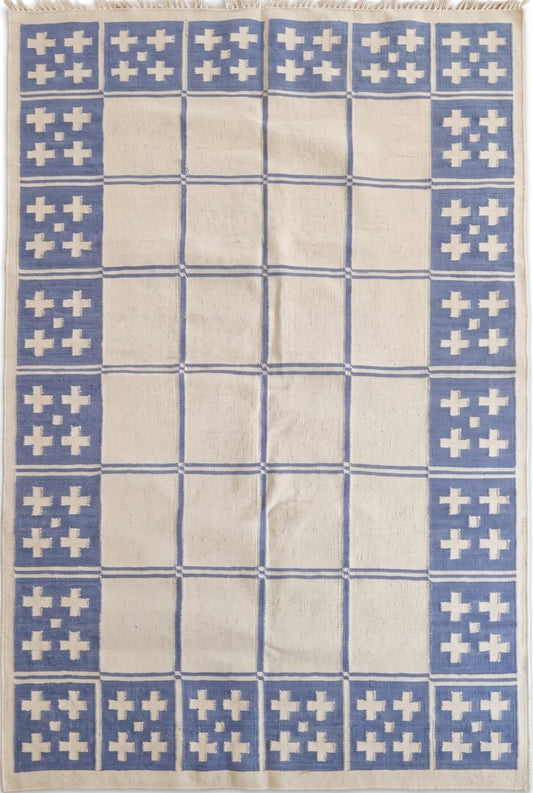 Periwinkle Windowpane Cross Modern Blue & Cream Wool Cotton Dhurrie Rug