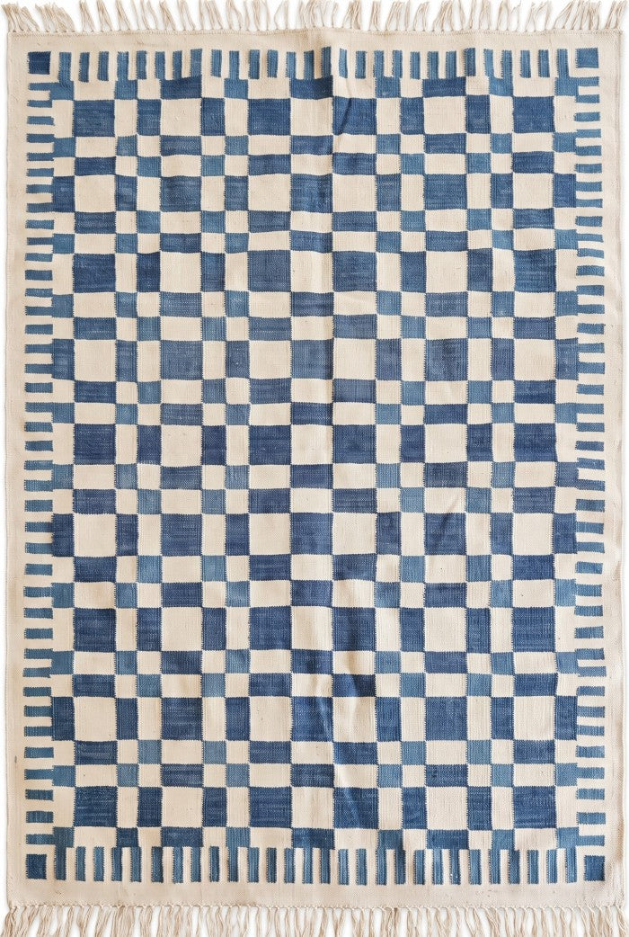 Indigo Checkered Grid Abstract Pixelated Blocks Pattern Flatweave Accent