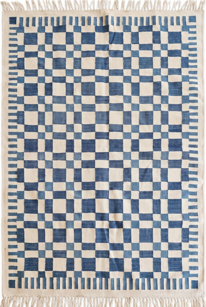 Indigo Checkered Grid Abstract Pixelated Blocks Pattern Flatweave Accent