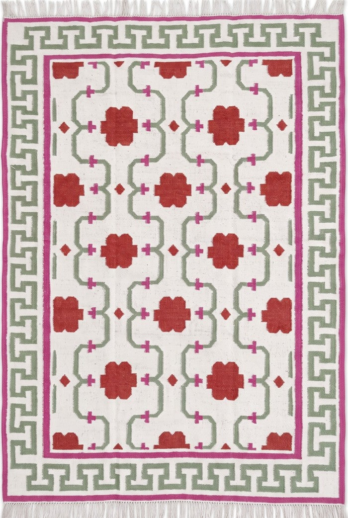 Crimson Greek Key Blossom Handwoven Symmetrical Floral Rug
