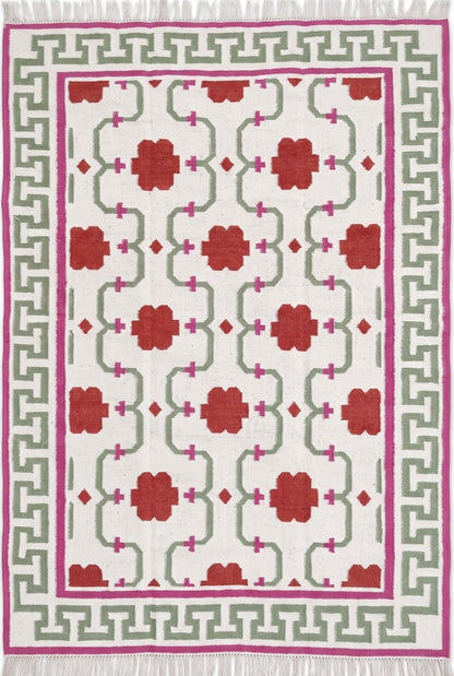Crimson Greek Key Blossom Handwoven Symmetrical Floral Rug