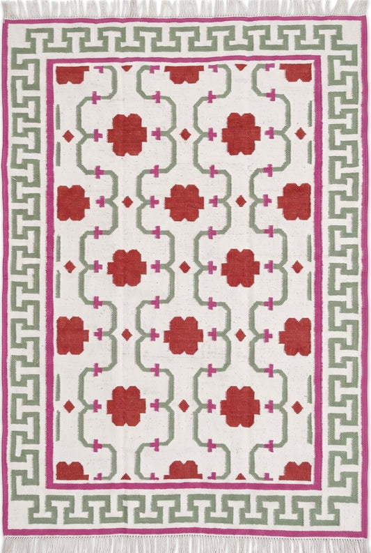 Crimson Greek Key Blossom Handwoven Symmetrical Floral Rug