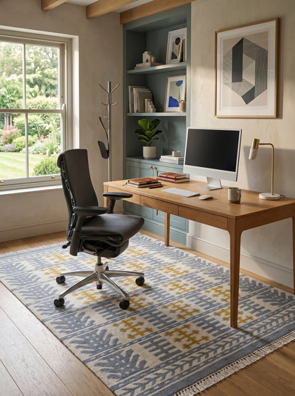 Nordic Totem Grid Modern Slate Blue & Mustard Wool Cotton Dhurrie Rug