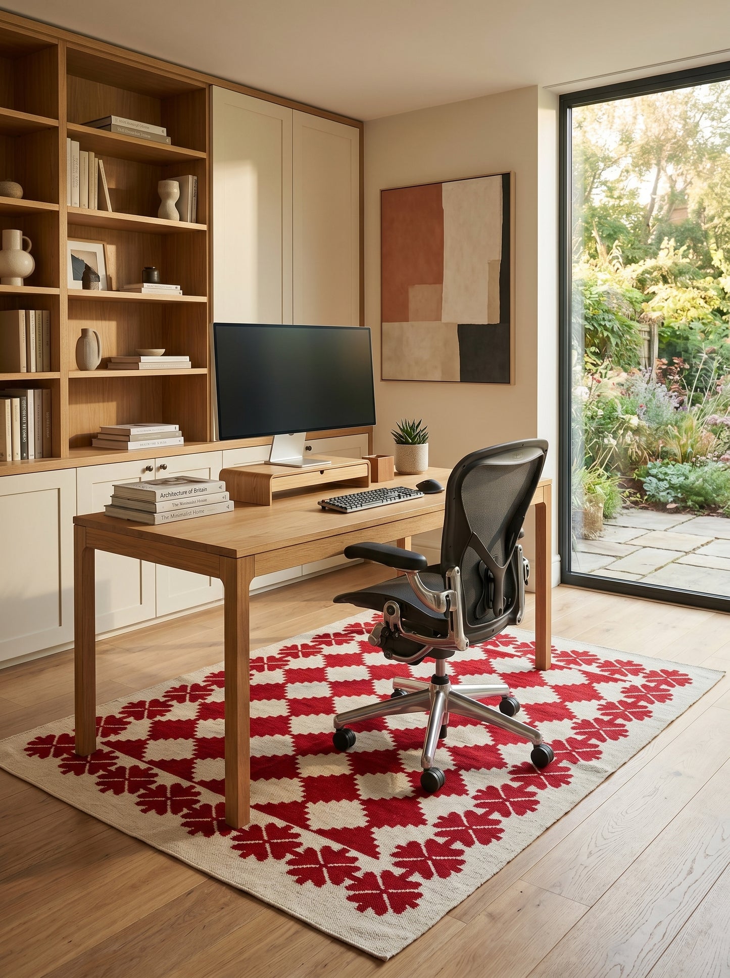Traditional Ruby Red & Cream Wool Cotton Dhurrie Rug