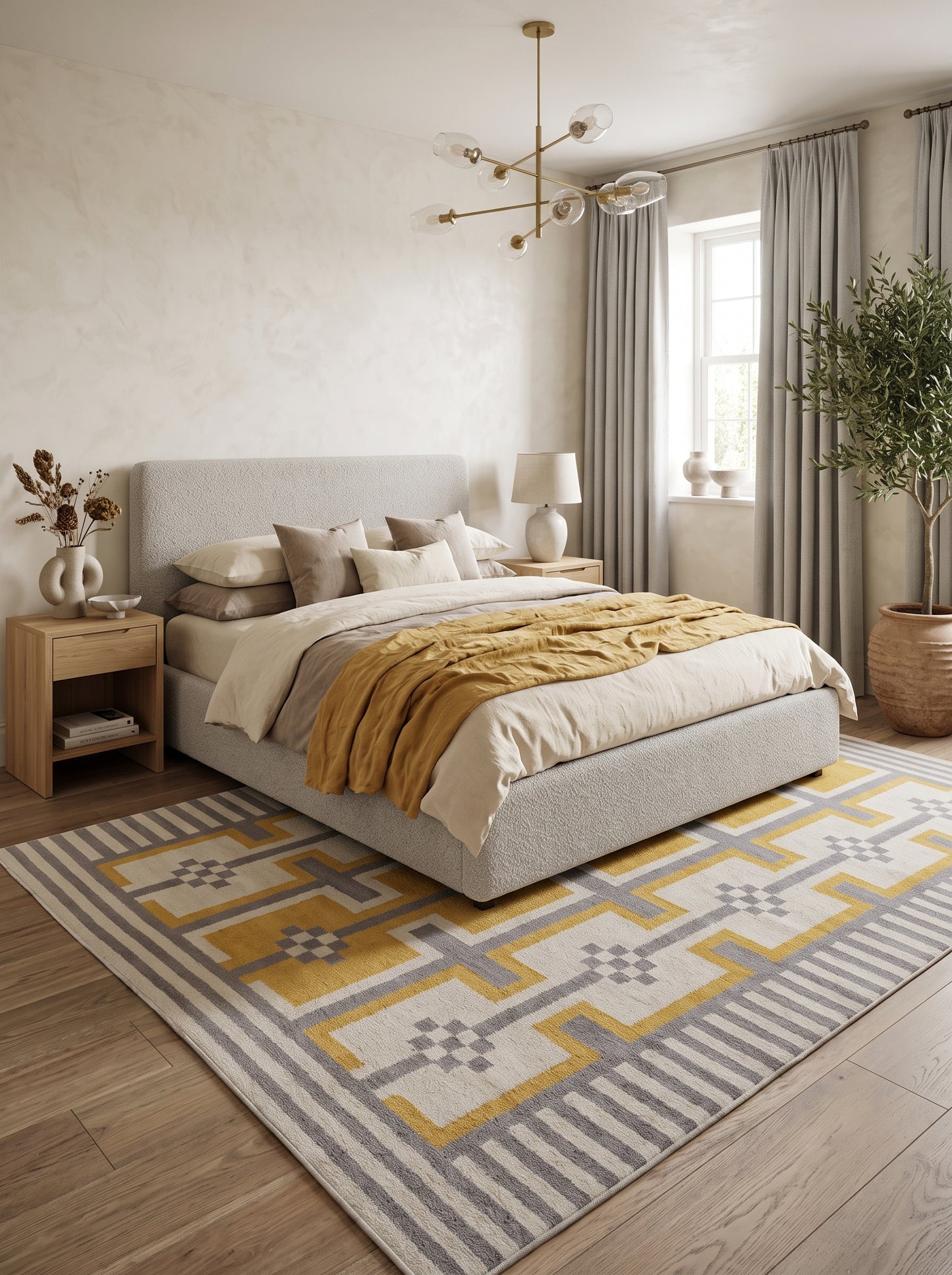 Bauhaus Step Striped Border and Mustard Geometric Pattern rug
