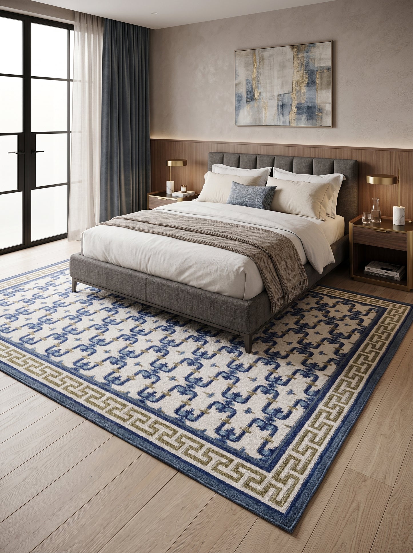 Oceanic Greek Maze Mediterranean Wave Pattern Wool Area Rug