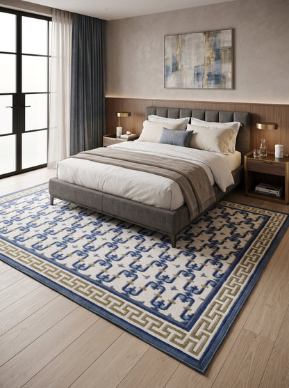 Oceanic Greek Maze Mediterranean Wave Pattern Wool Area Rug