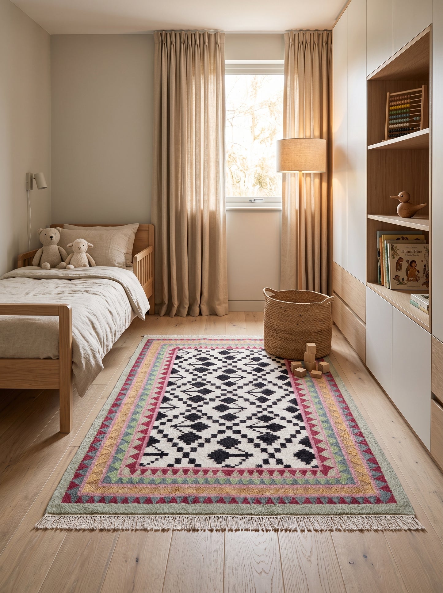 Monochrome Tree & Sawtooth Border Wool Area Rug