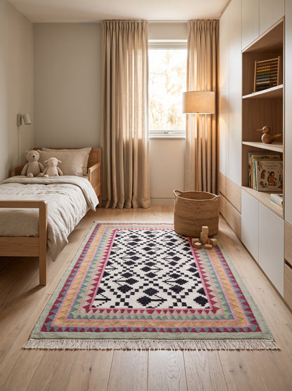 Monochrome Tree & Sawtooth Border Wool Area Rug
