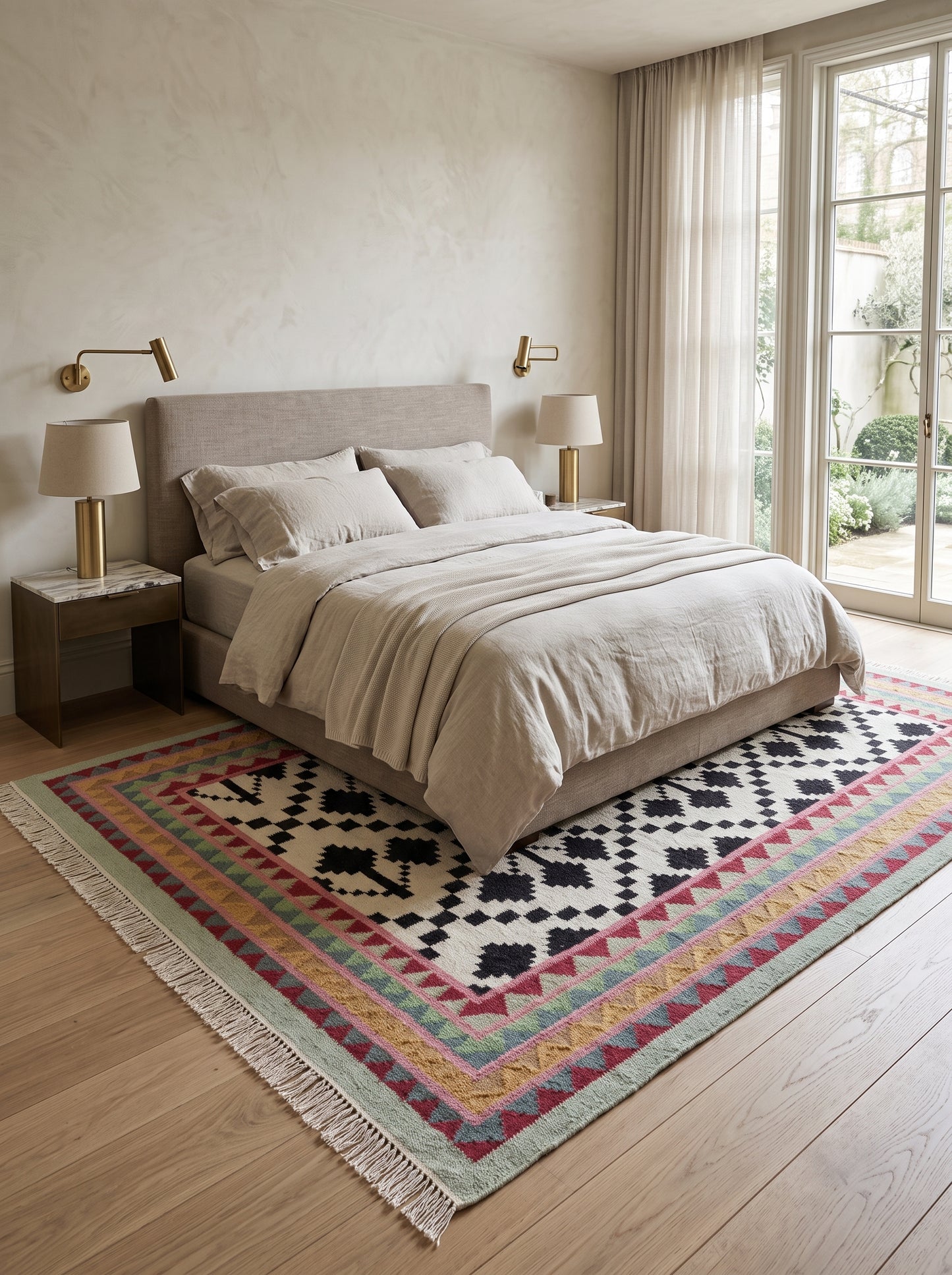 Monochrome Tree & Sawtooth Border Wool Area Rug