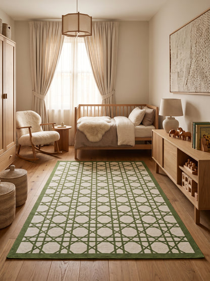 Handwoven Verdant Geometric Cane Wool Cotton Dhurrie Rug