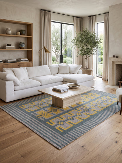 Lavender and Yellow Patterned Dhurrie Rug