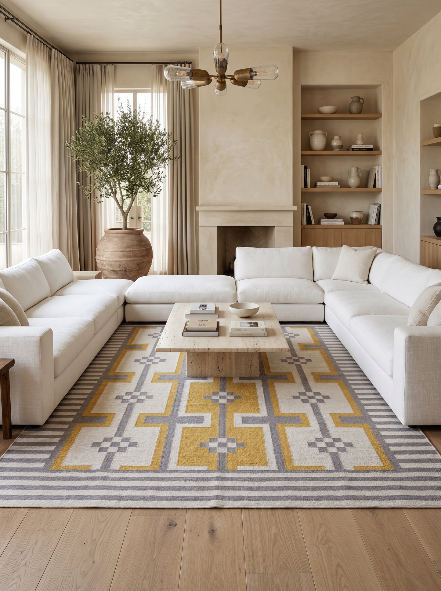 Bauhaus Step Striped Border and Mustard Geometric Pattern rug