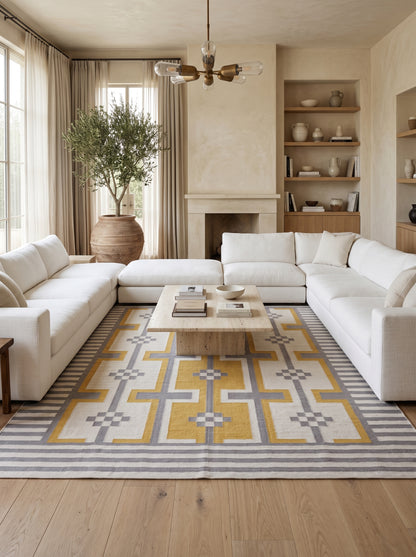Bauhaus Step Striped Border and Mustard Geometric Pattern rug