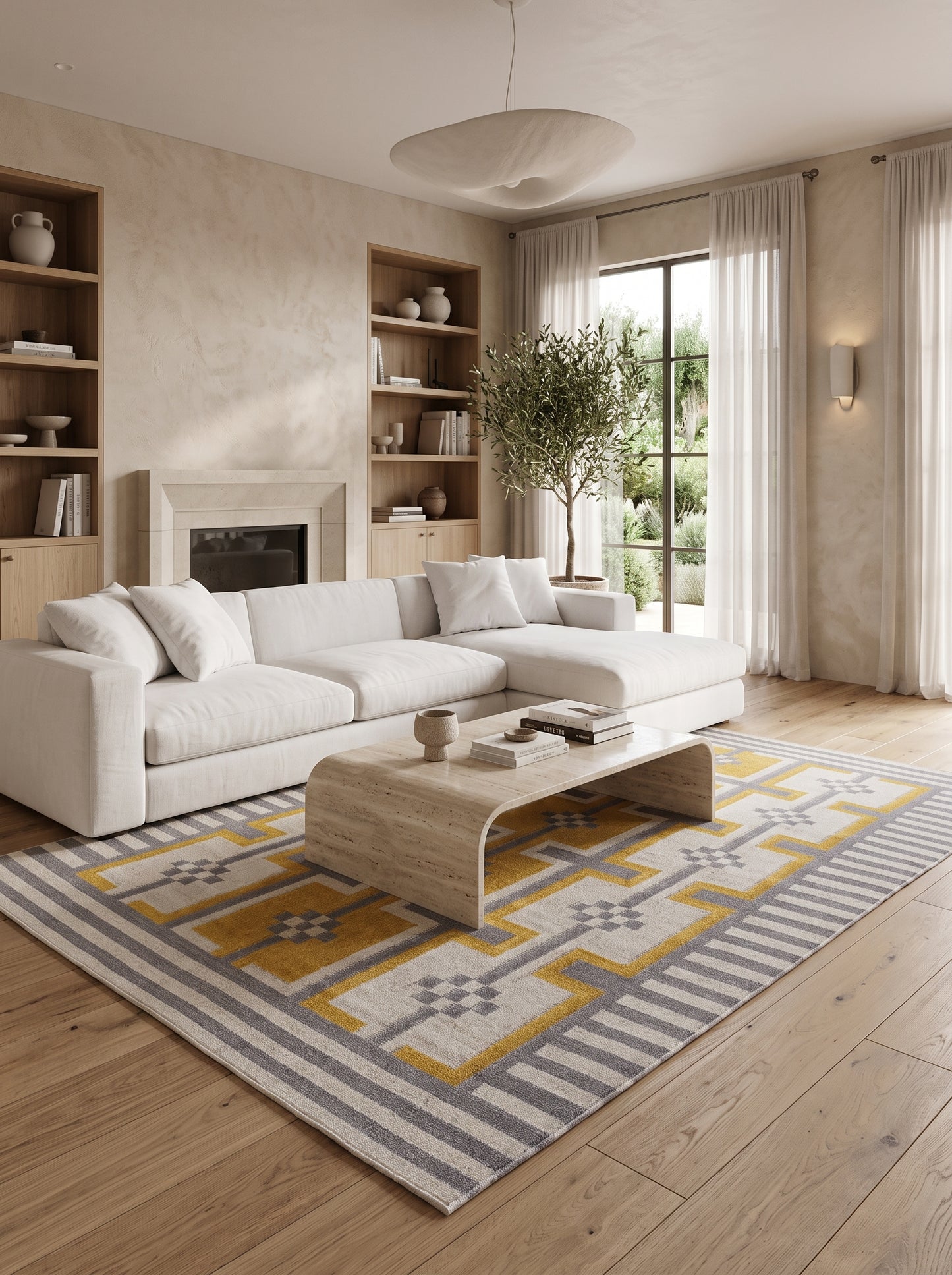 Bauhaus Step Striped Border and Mustard Geometric Pattern rug