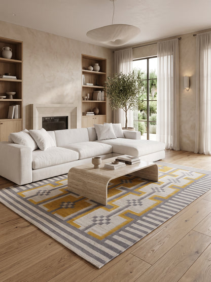 Bauhaus Step Striped Border and Mustard Geometric Pattern rug