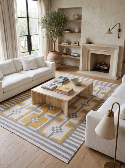 Bauhaus Step Striped Border and Mustard Geometric Pattern rug