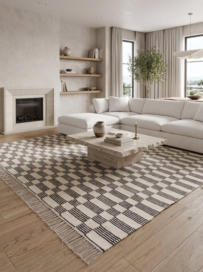 Handwoven Monochrome Modern Stripe Pattern Dhurrie
