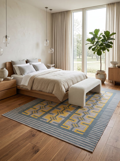 Lavender and Yellow Patterned Dhurrie Rug