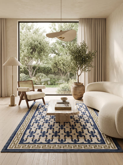 Oceanic Greek Maze Mediterranean Wave Pattern Wool Area Rug