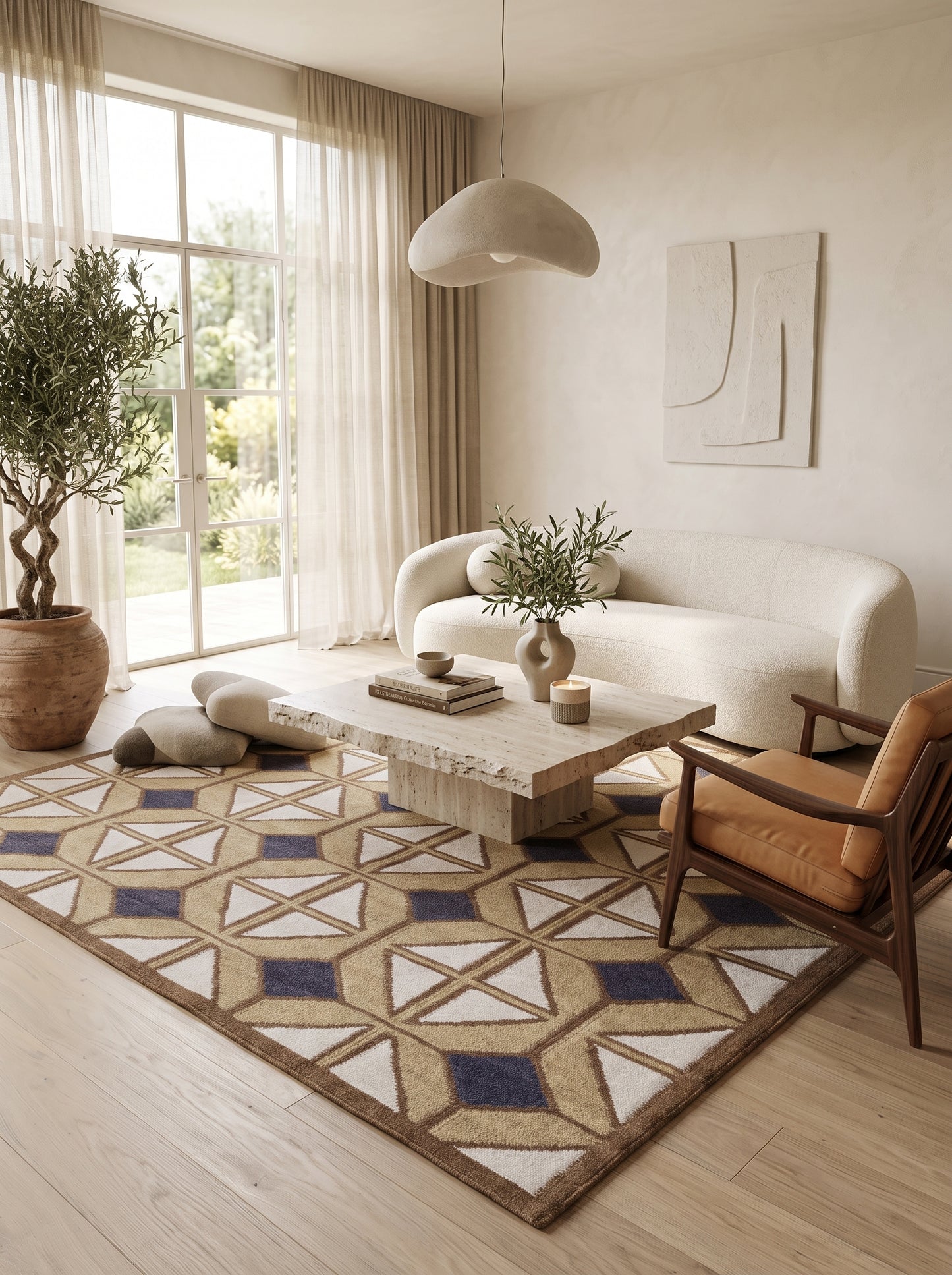 Camel & Navy Geo Lattice Diamond Prism Motif Area Rug
