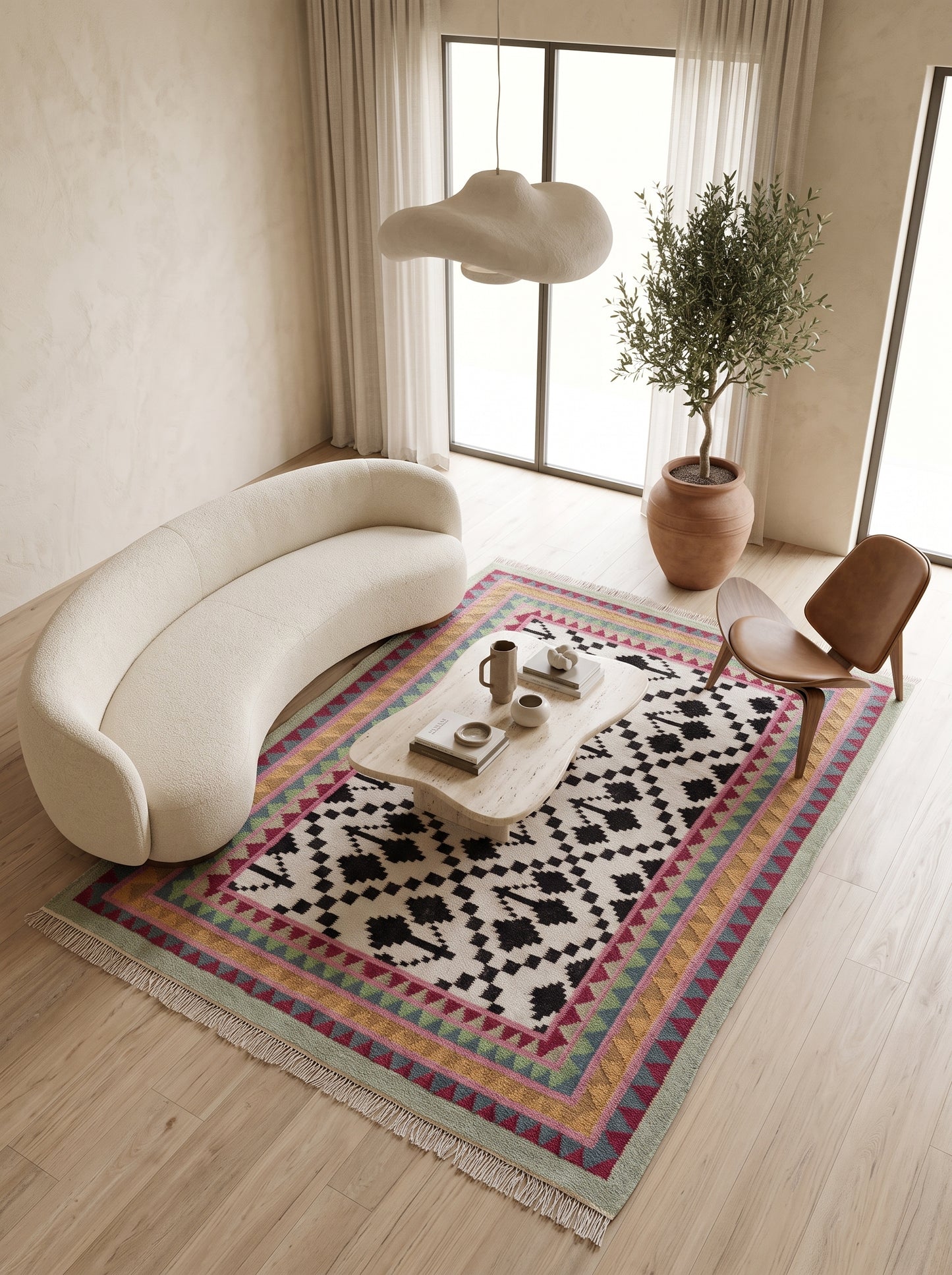Monochrome Tree & Sawtooth Border Wool Area Rug
